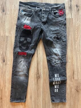 XWAY Dark Gray Skinny Jeans Skull Embroidered We Love What We Do Size 36x29